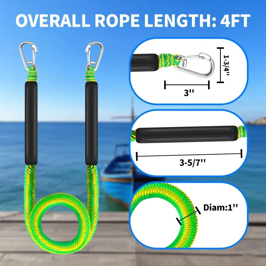 Bungee Boat Dock Line, Boat Rope Mooring Rope with Double 316 Stainless Steel Clips Accessories for Bass Boat, Jet Ski, Kayak, Pontoon, Watercraft, Waverunner, SeaDoo, Canoe,2Packs,4-6FT,Green