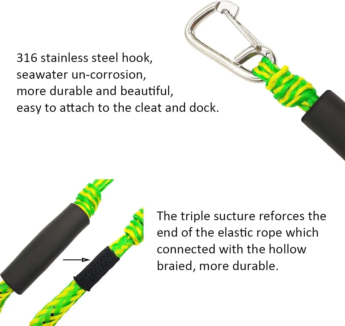 Bungee Boat Dock Lines Green Mooring Ropes 4 Pack with Stainless Steel Clip Accessories for Boats PWC, Kayak, Watercraft,SeaDoo,Jet Ski, Pontoon, Canoe, Power Boat(4ft -5.5ft)
