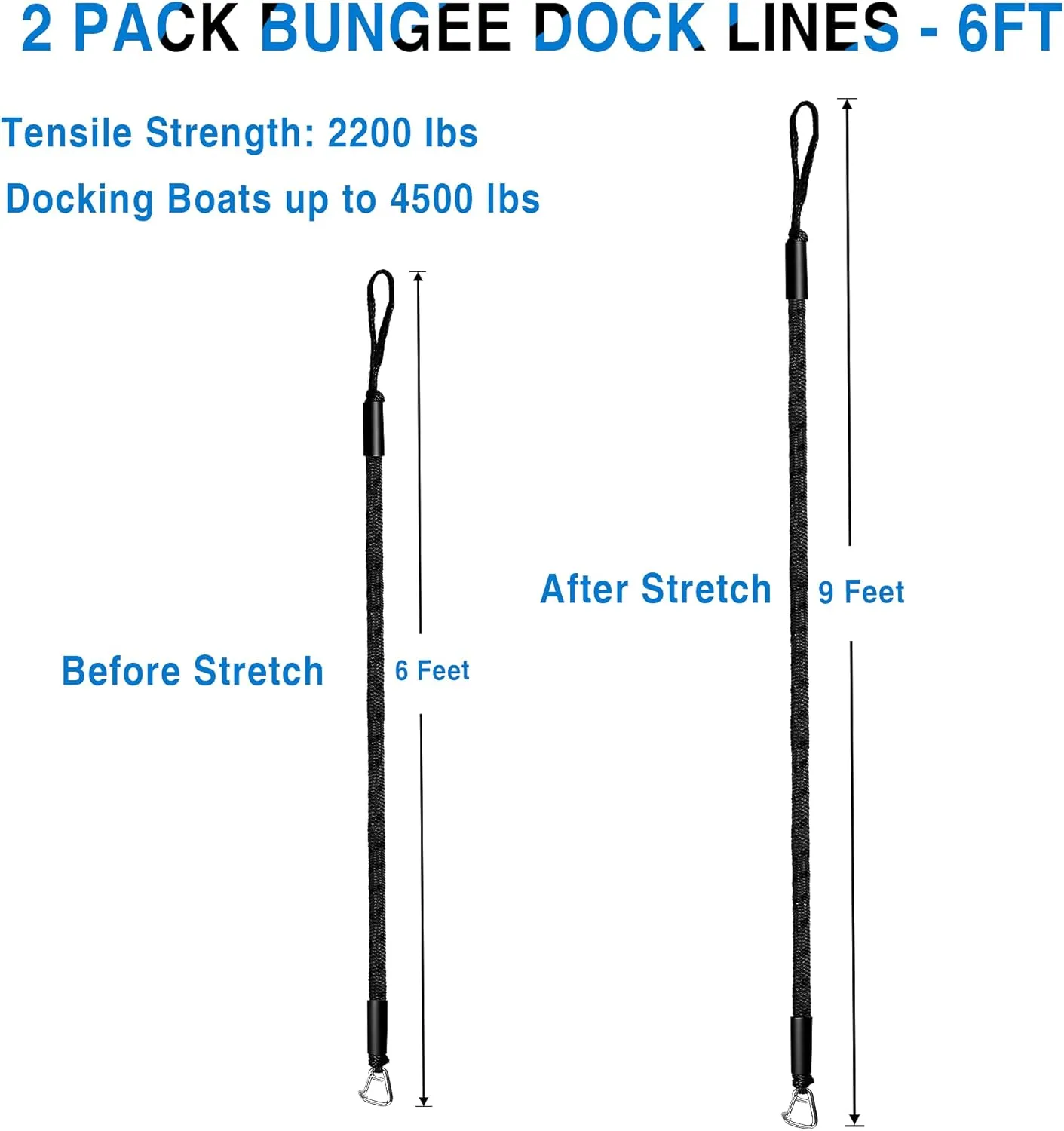 Bungee Dock Line Boat Accessories - Pontoon, Jet Ski, Kayak Accessories with 316 Stainless Steel Clip