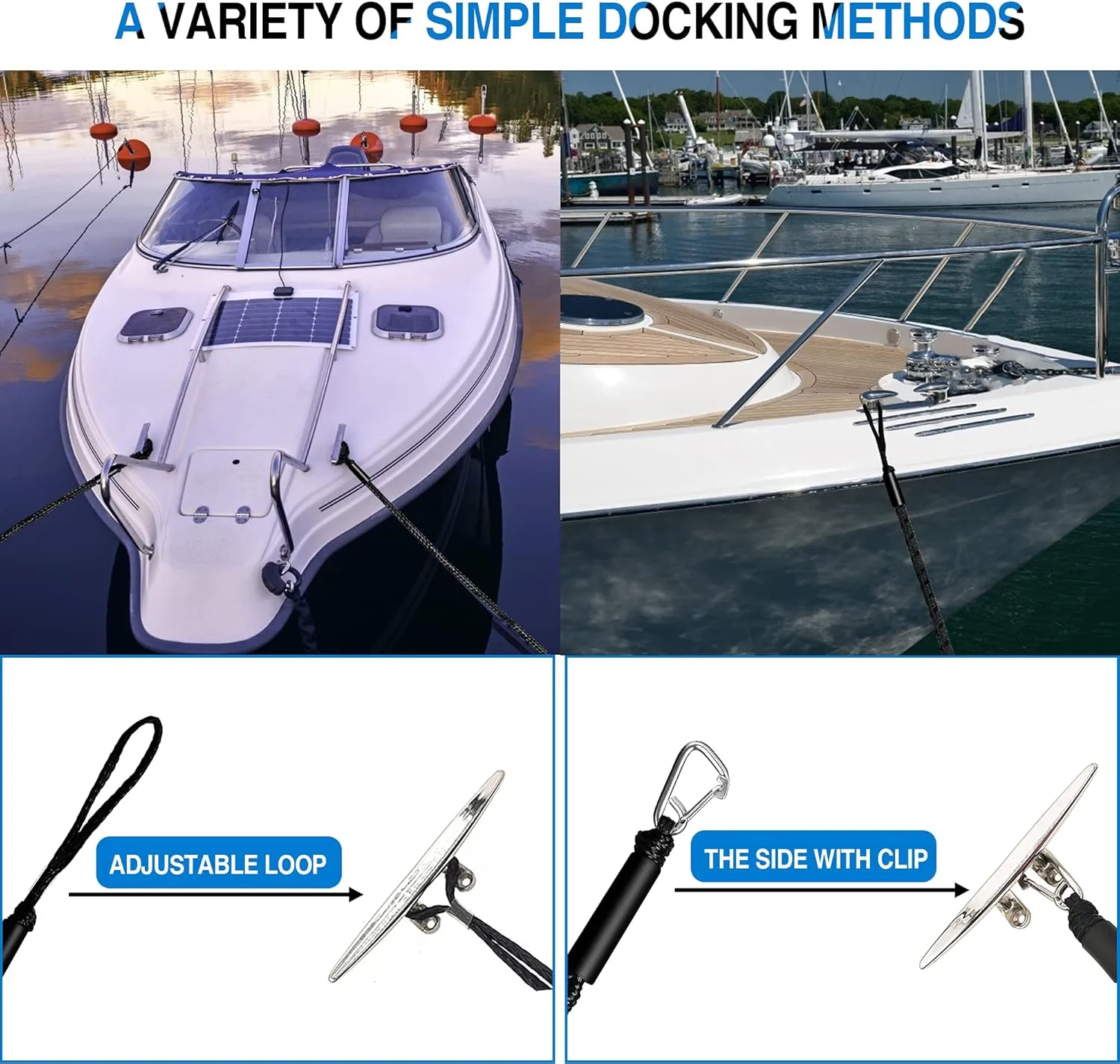 Bungee Dock Line Boat Accessories - Pontoon, Jet Ski, Kayak Accessories with 316 Stainless Steel Clip