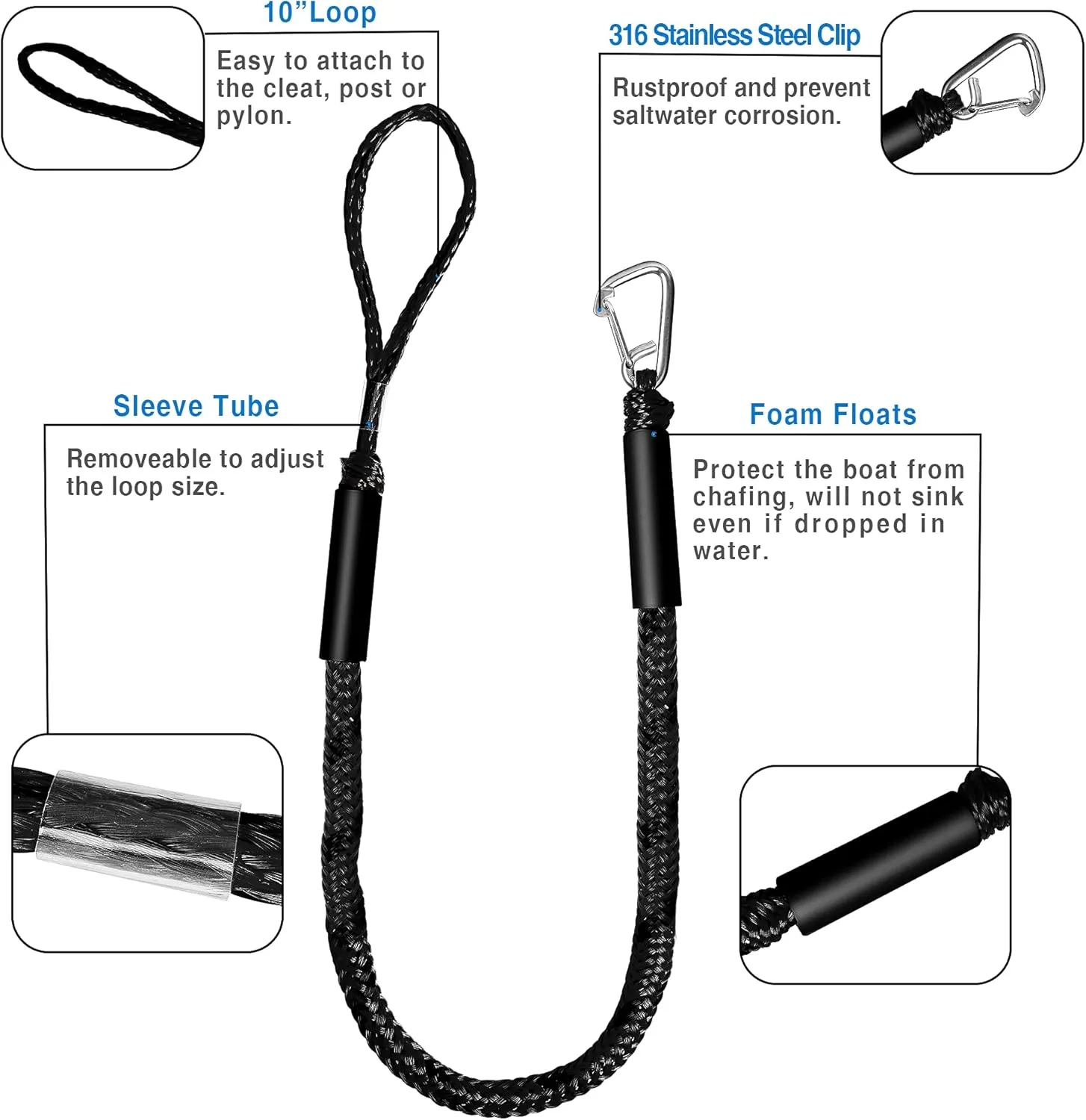Bungee Dock Line Boat Accessories - Pontoon, Jet Ski, Kayak Accessories with 316 Stainless Steel Clip
