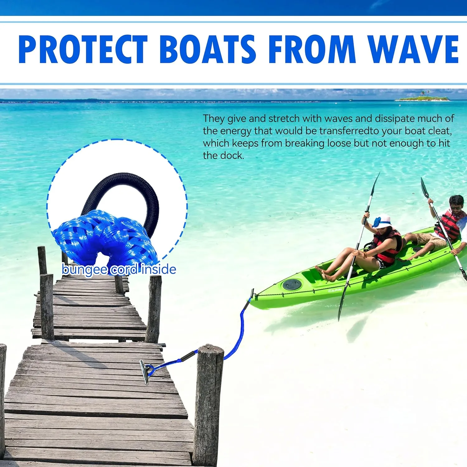 Bungee Dock Line,Boat Rope Stretchable Docking String with Foam Float for Pontoon Boat,Jet ski, seadoo,WaveRunner,Kayak,Boating Gifts for Men,2pack,4-5.5FT (Blue)
