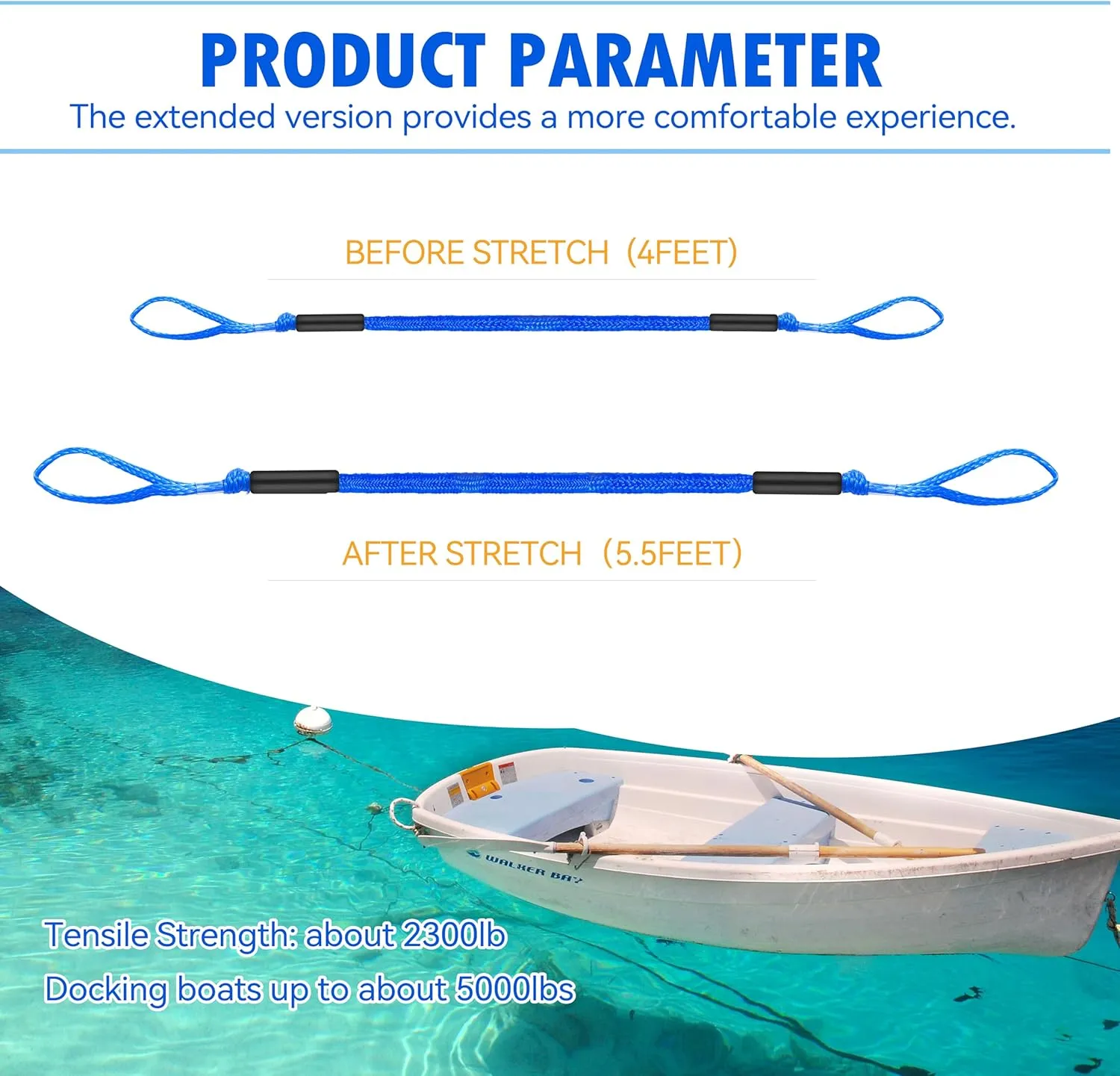 Bungee Dock Line,Boat Rope Stretchable Docking String with Foam Float for Pontoon Boat,Jet ski, seadoo,WaveRunner,Kayak,Boating Gifts for Men,2pack,4-5.5FT (Blue)