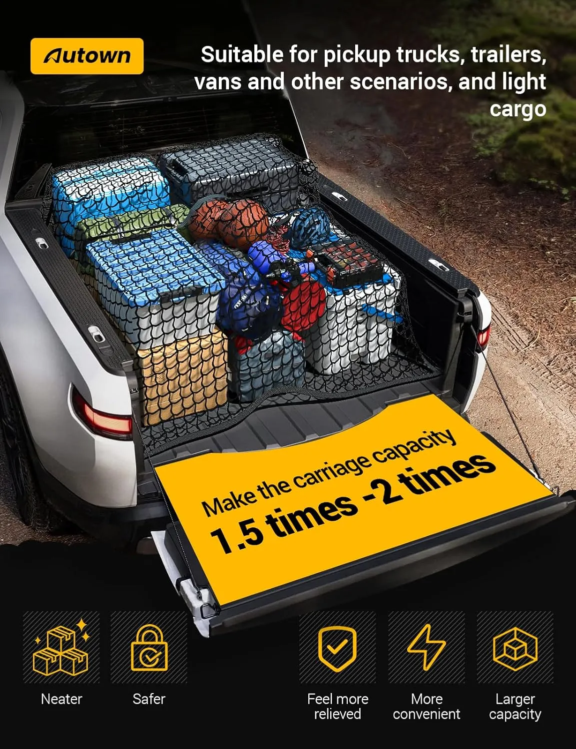 Cargo Net for Pickup Truck Bed - Stretchable 4'x4' to 7'x7', High Elastic Fine Mesh 1''x1'' with 8 Metal Carabiners - Ideal for ATV, SUV, UTV, Truck and Boat Use (Single Layer)