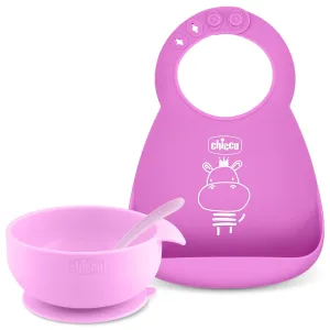 Chicco Easy Start Silicone Feeding Set | Dishes for Baby-Led Weaning | Suction Bowl | Adjustable Silicone Bib | Soft Silicone Spoon | BPA-Free | 3 Piece Set | 6m  | Pink