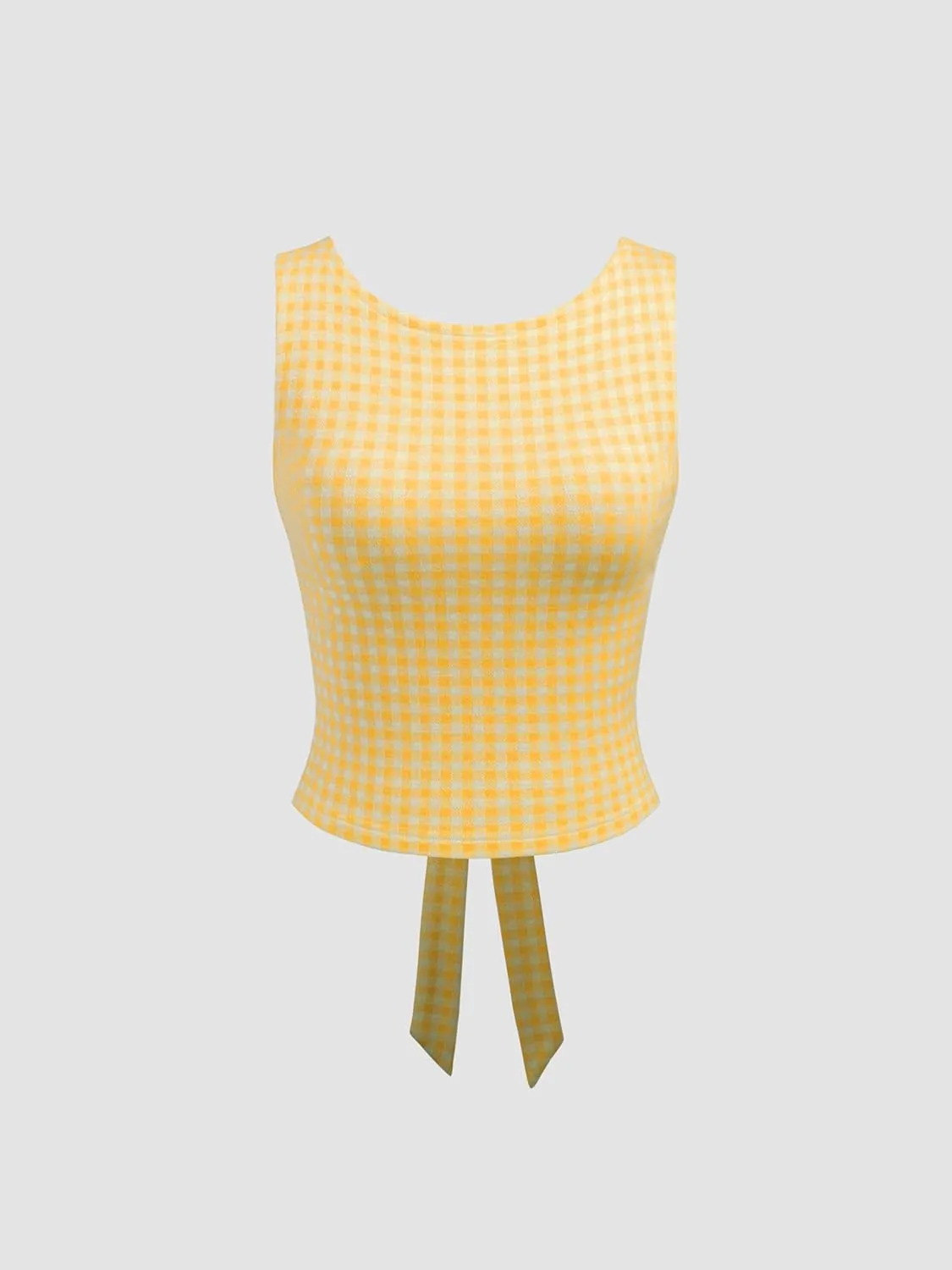 CIDER Boat Neck Gingham Bowknot Backless Crop Tank Top