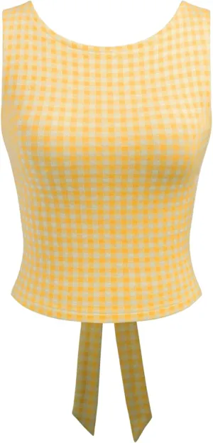 CIDER Boat Neck Gingham Bowknot Backless Crop Tank Top