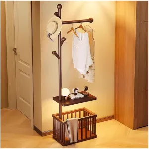 Clothes Garment Rack, Organizer Closet Clothing Rack Wood Garment Rack with Bottom Shelves,Freestanding Wardrobe Portable Closet Wardrobe Rack for Small Spaces(Brown)