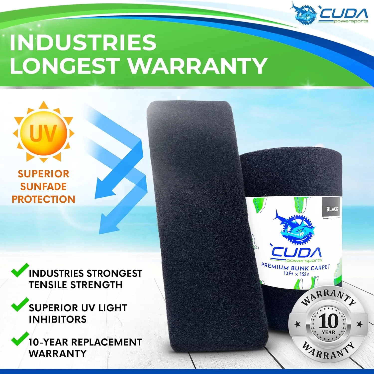 Cuda Boat Trailer Bunk Carpet 12 Inch Wide x 75ft-New Premium 30 Oz Roll-Black Marine Trailer Bunk Carpet Marine Grade Parts Accessories Black Lift Runners Covers Waterproof