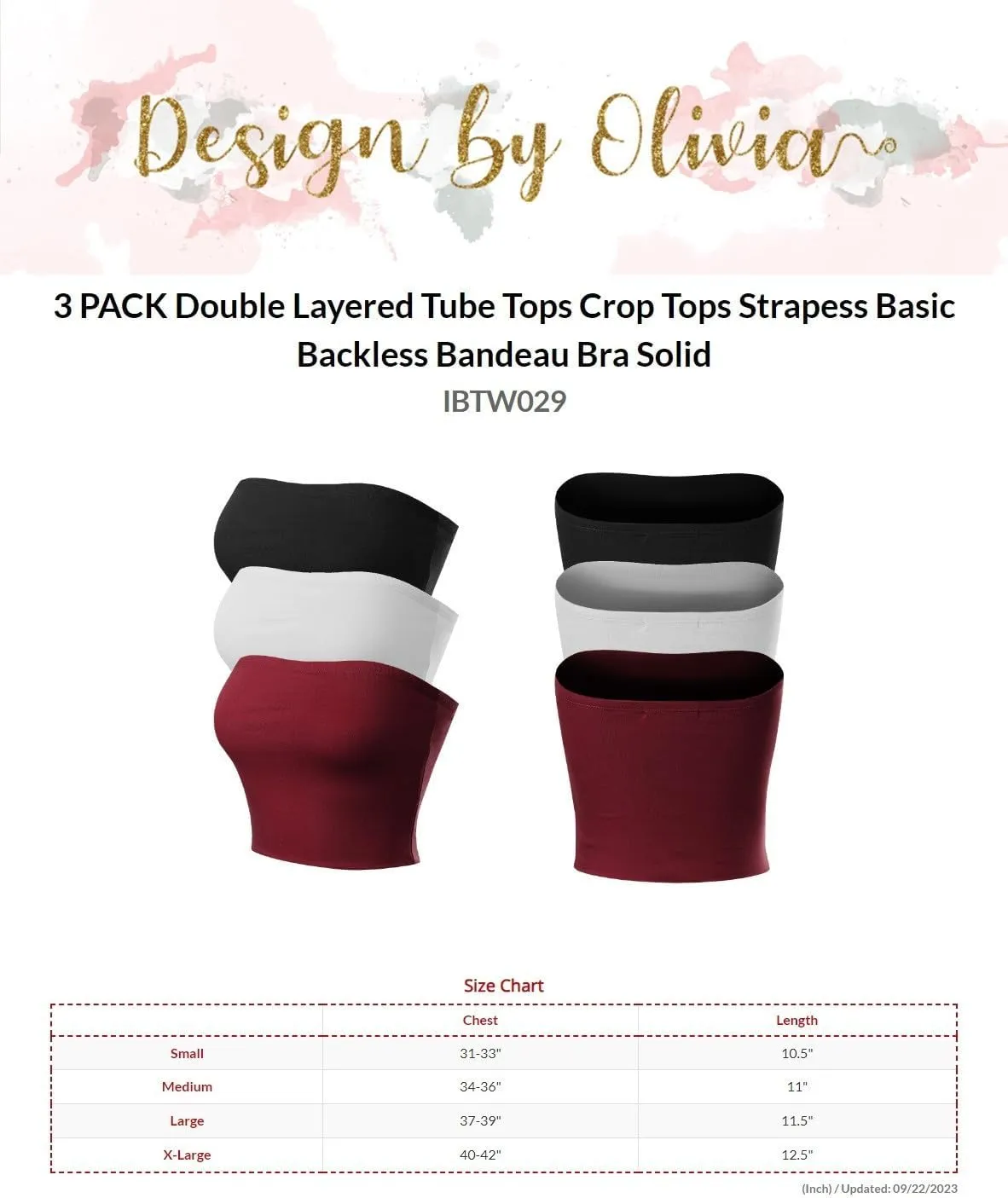 Design by Olivia Women's 3 Pack Double Layered Tube Tops Crop Tops Strapless Basic Backless Bandeau Bra Solid