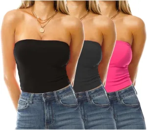 Design by Olivia Women's 3 Pack Double Layered Tube Tops Crop Tops Strapless Basic Backless Bandeau Bra Solid