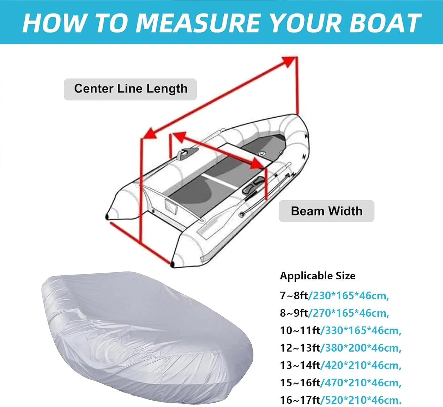 Dinghy Covers 7 Sizes Boat Tarp Waterproof Anti-UV Row Boat Cover for Small Inflatable and Rigid Inflatable Boats,420 * 210 * 46cm