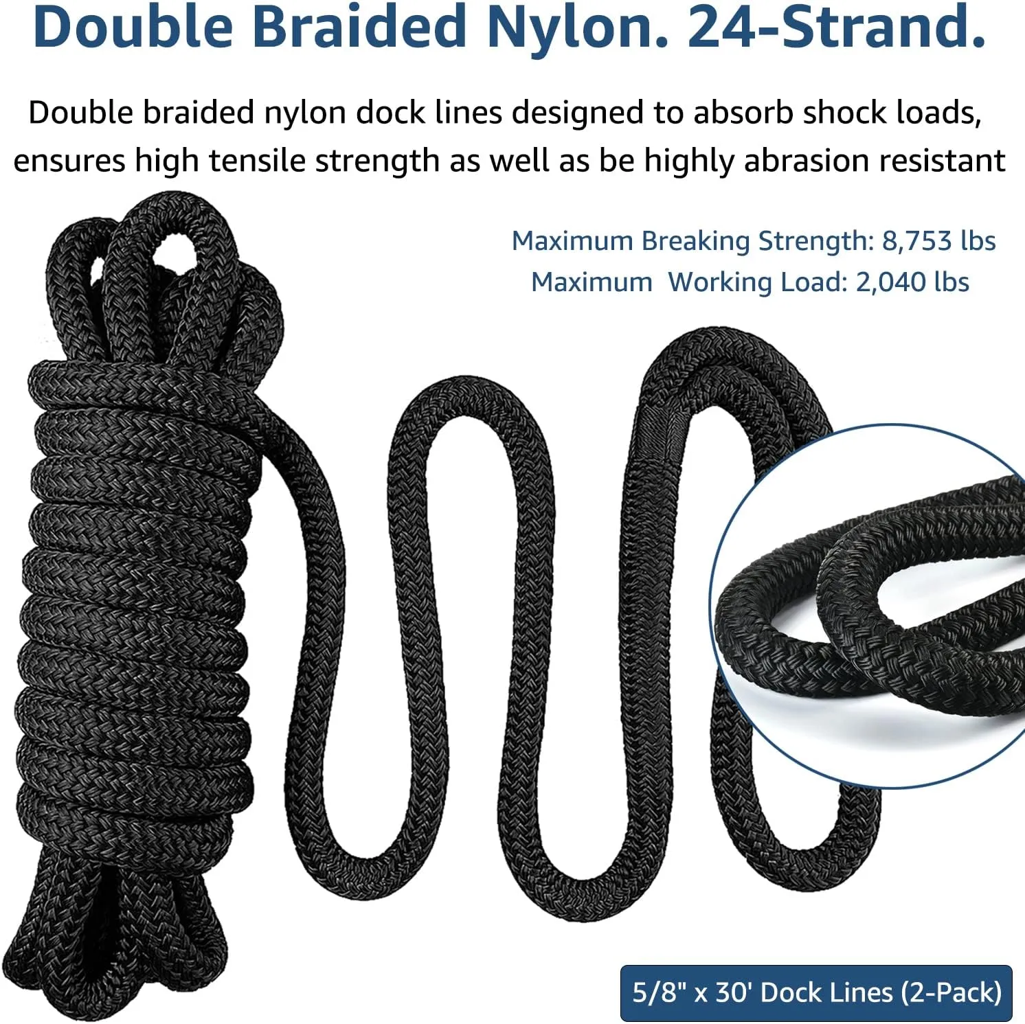 Dock Lines: 5/8" x 30' Double Braided Nylon Boat Dock Lines - Premium Boat Ropes for Secure Docking with 16" Loop - Marine Grade Boat Rope/Dock Line - Sturdy Dock Lines for Boats - 2 Pack