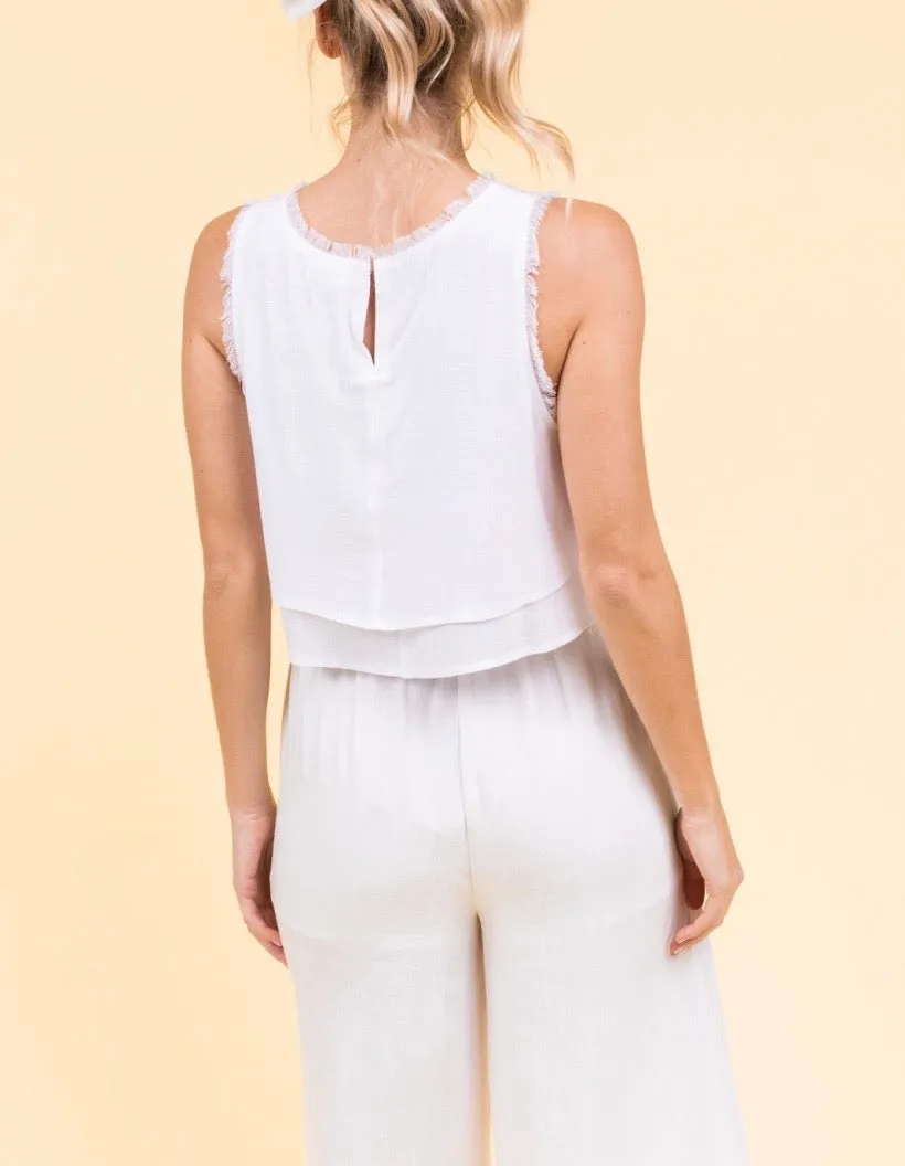 Double Layer Fringe Trim Sleeveless Crop Top