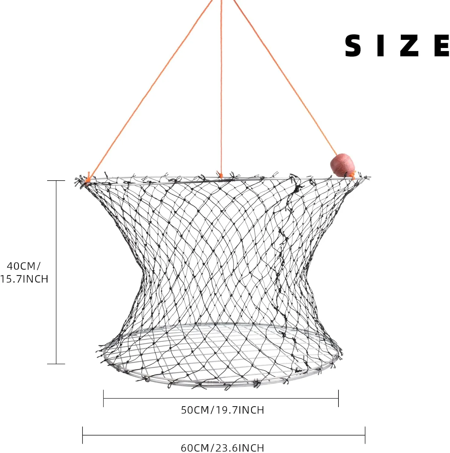 Double Ring Crab Trap - Steel Ring Crab Net, 24" Top, 20" Bottom, 50' Rope, Bait Bag, Clip, Gauge for Dungeness, Rock and Blue Crab