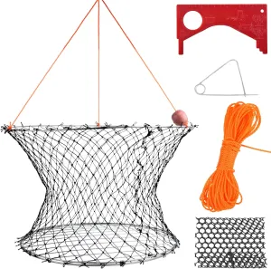 Double Ring Crab Trap - Steel Ring Crab Net, 24" Top, 20" Bottom, 50' Rope, Bait Bag, Clip, Gauge for Dungeness, Rock and Blue Crab