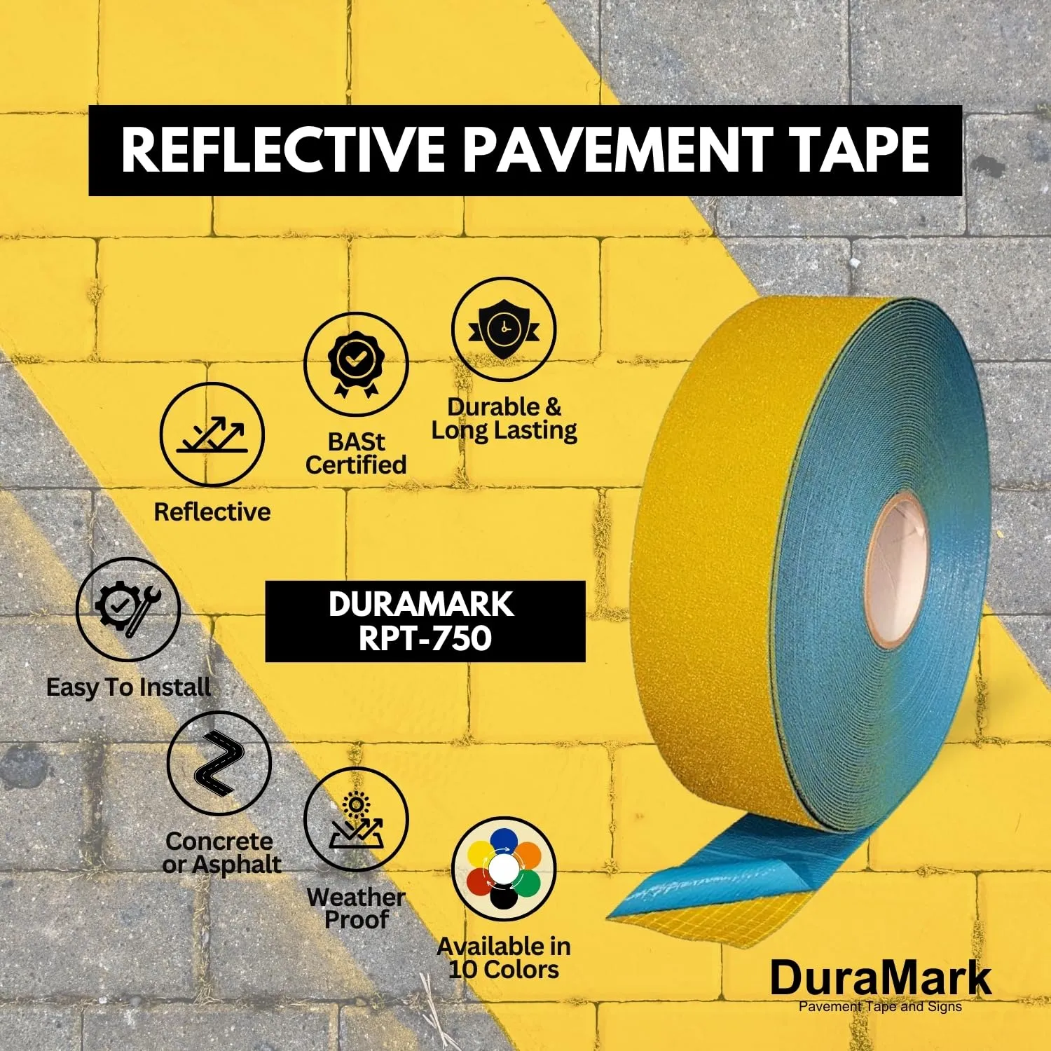 DuraMark RPT-750 Pavement Marking Tape - Reflective Slip Resistant Durable Outdoor Heavy Duty Rubber Base Tape, Bast Certified (Yellow, 3 Inch x 108 Feet)