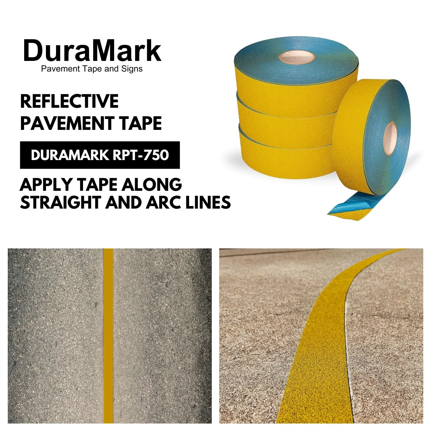 DuraMark RPT-750 Pavement Marking Tape - Reflective Slip Resistant Durable Outdoor Heavy Duty Rubber Base Tape, Bast Certified (Yellow, 3 Inch x 108 Feet)