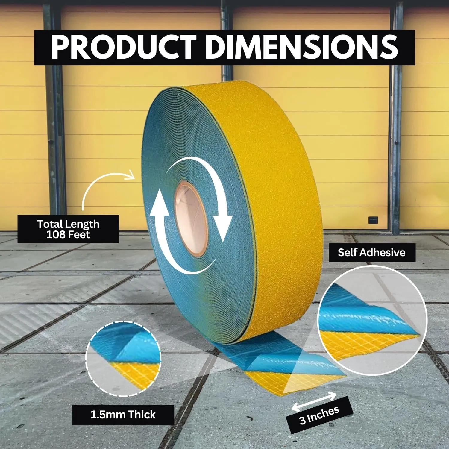 DuraMark RPT-750 Pavement Marking Tape - Reflective Slip Resistant Durable Outdoor Heavy Duty Rubber Base Tape, Bast Certified (Yellow, 3 Inch x 108 Feet)
