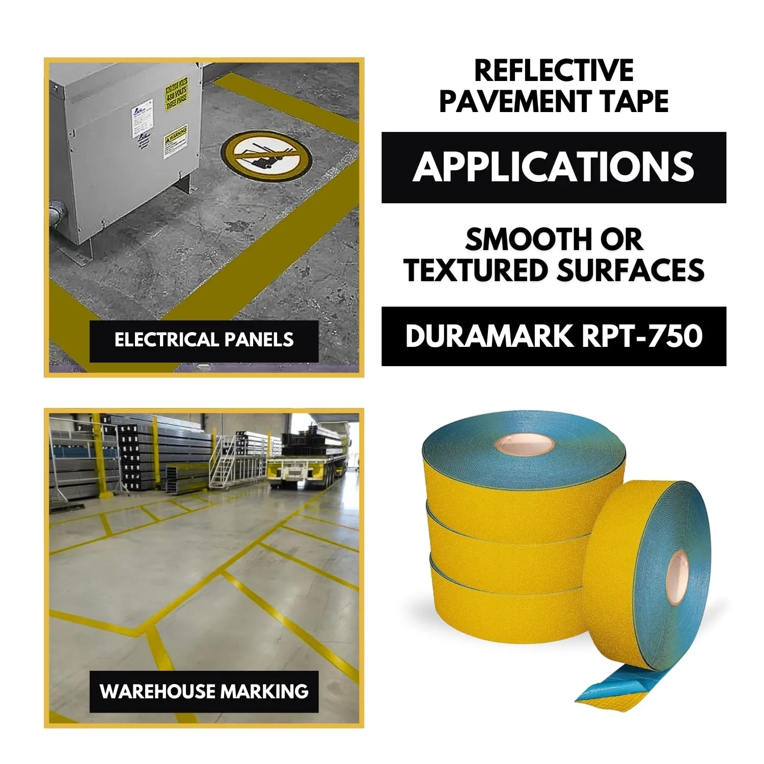 DuraMark RPT-750 Pavement Marking Tape - Reflective Slip Resistant Durable Outdoor Heavy Duty Rubber Base Tape, Bast Certified (Yellow, 3 Inch x 108 Feet)