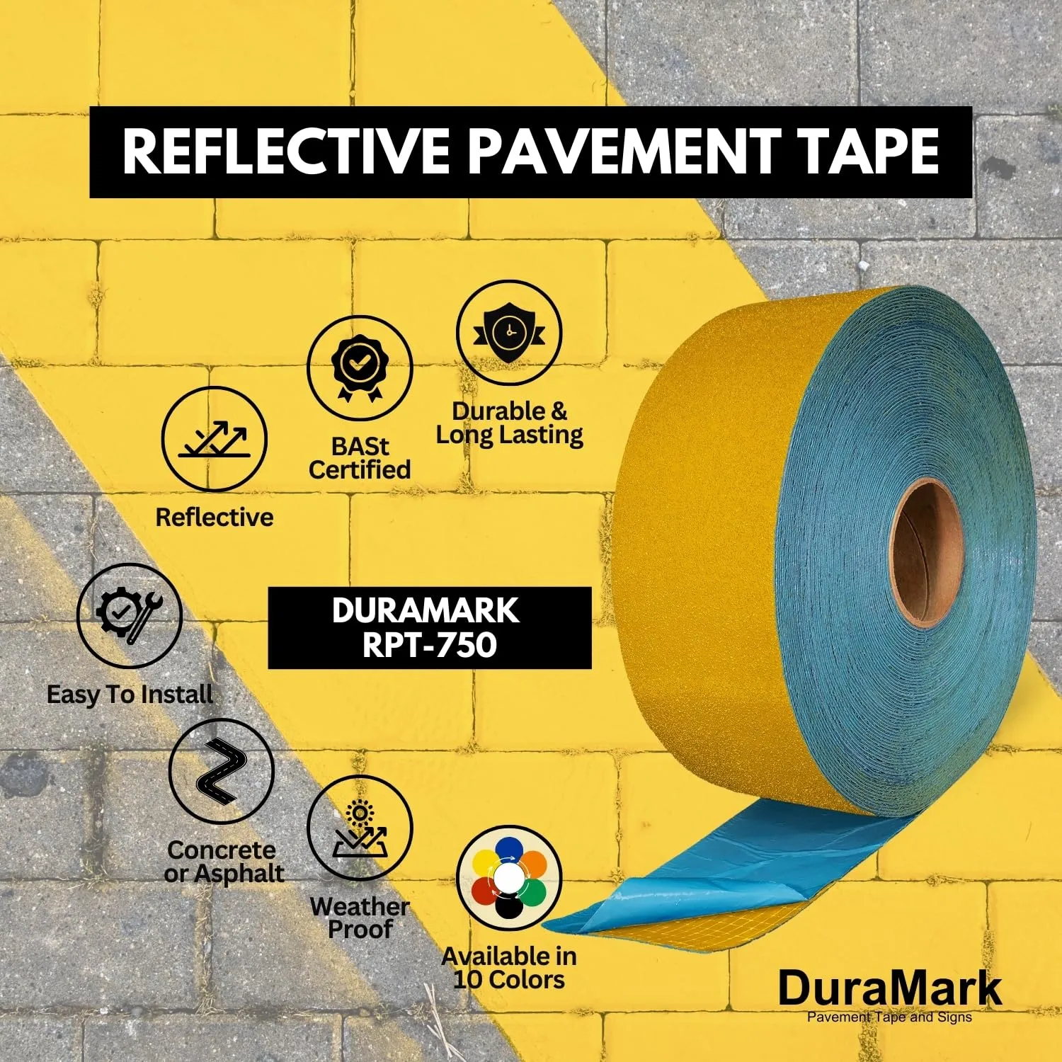 DuraMark RPT-750 Pavement Marking Tape - Reflective Slip Resistant Durable Outdoor Heavy Duty Rubber Base Tape, Bast Certified (Yellow, 4 Inch x 108 Feet)