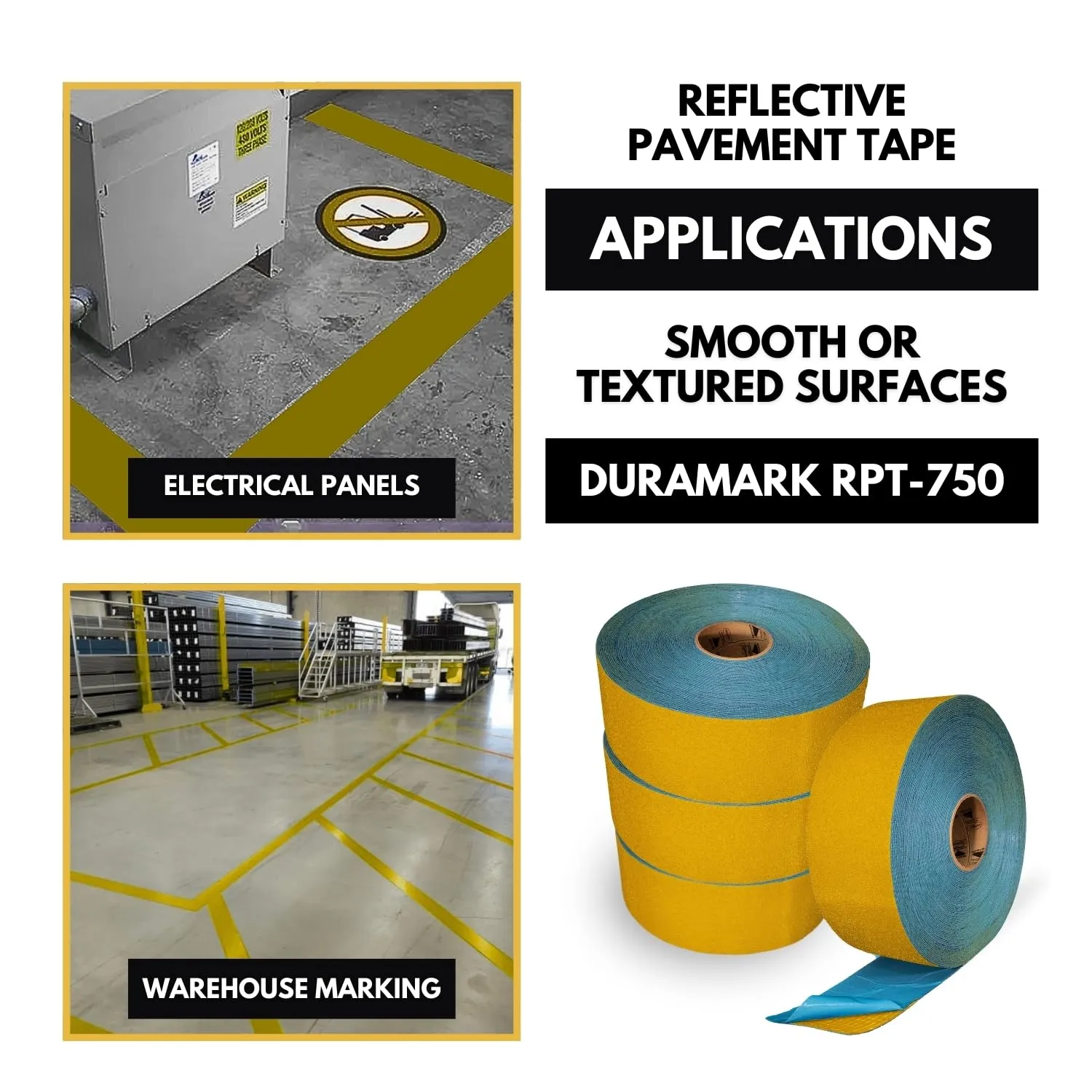 DuraMark RPT-750 Pavement Marking Tape - Reflective Slip Resistant Durable Outdoor Heavy Duty Rubber Base Tape, Bast Certified (Yellow, 4 Inch x 108 Feet)