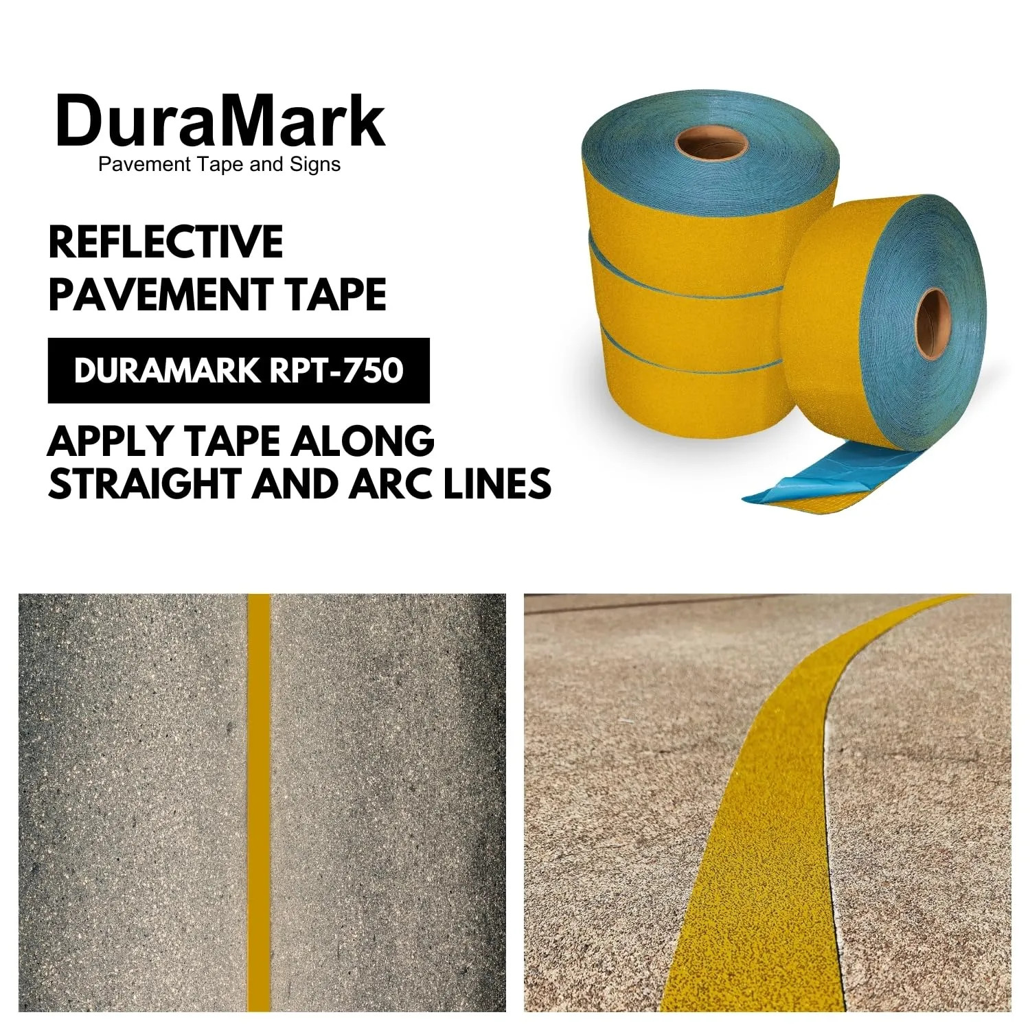 DuraMark RPT-750 Pavement Marking Tape - Reflective Slip Resistant Durable Outdoor Heavy Duty Rubber Base Tape, Bast Certified (Yellow, 4 Inch x 108 Feet)