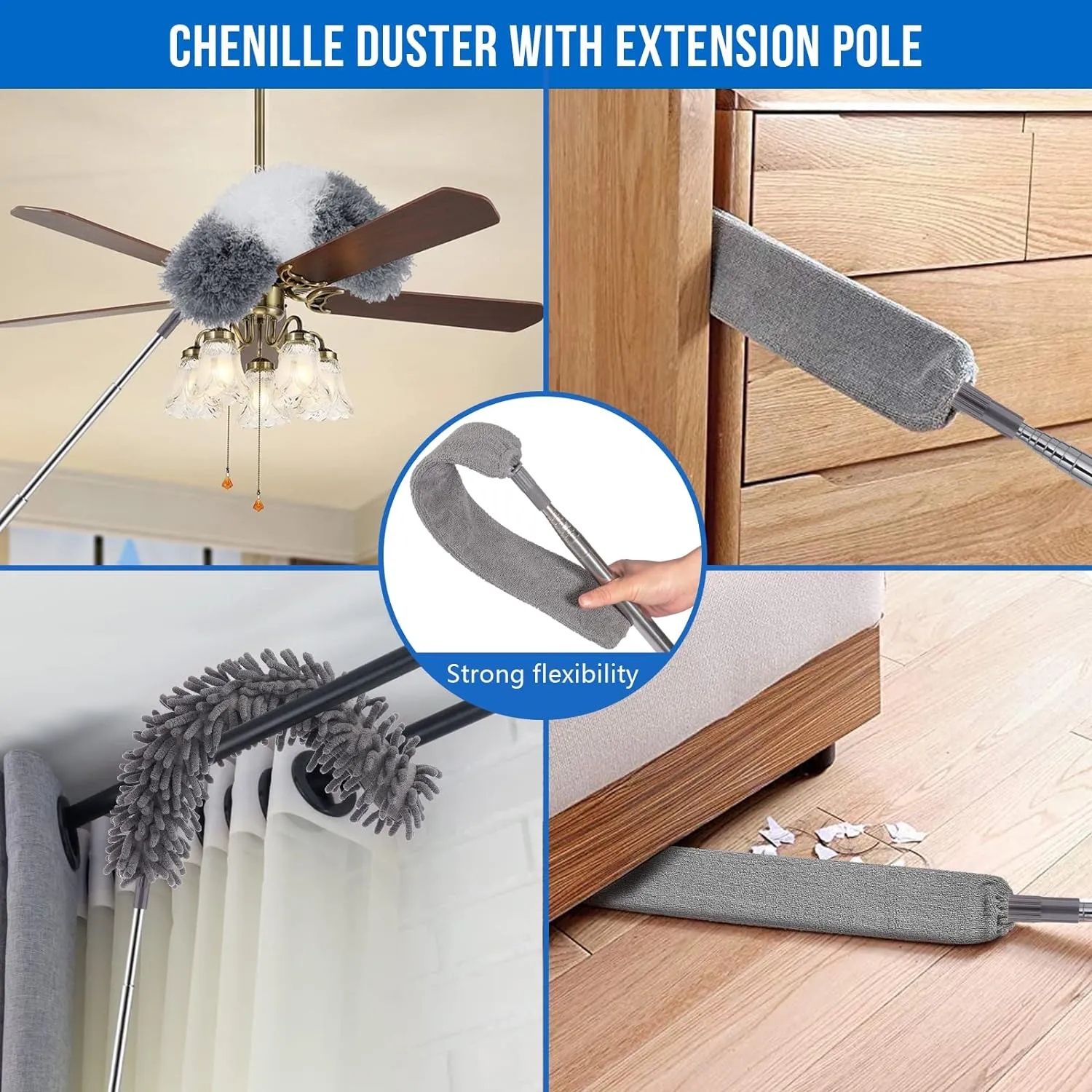 Dusters for Cleaning, Retractable Microfiber Gap Dust Cleaner with Extension Pole 30'' to 100'', Reusable Bendable Long Handle Feather Duster Kit for Cleaning High Ceiling Fan, Furniture, Blinds, Car
