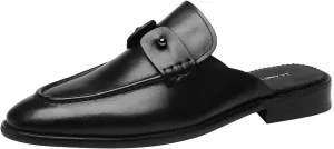 ELANROMAN Men's Backless Loafers Black Genuine Leather Mules Slippers Slip on Shoes