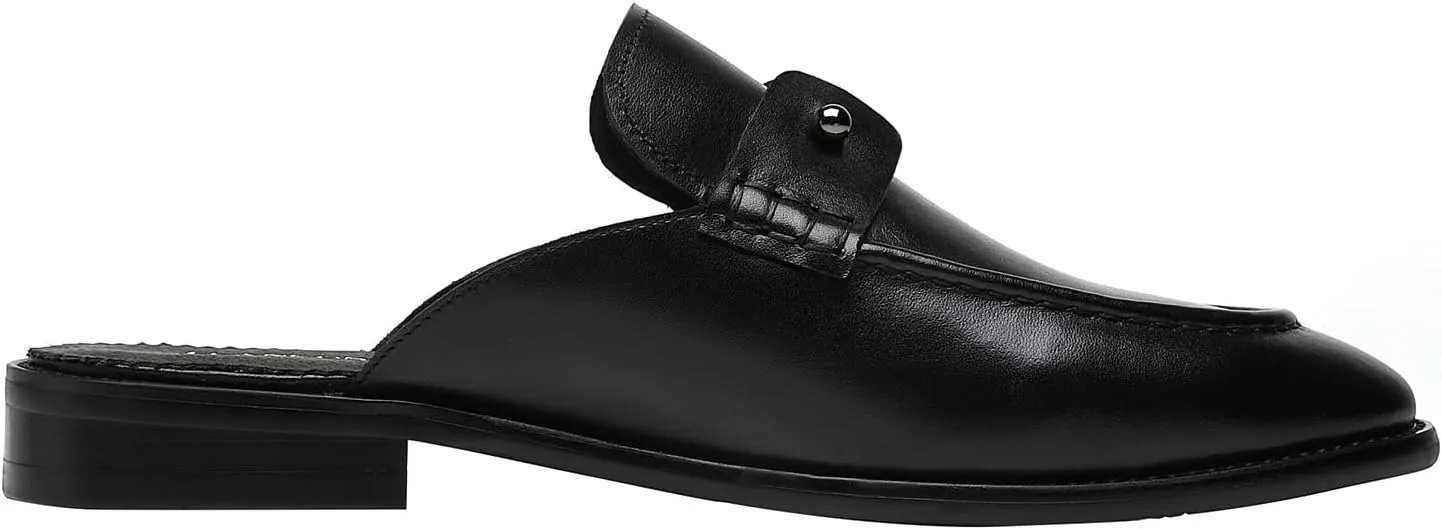ELANROMAN Men's Backless Loafers Black Genuine Leather Mules Slippers Slip on Shoes