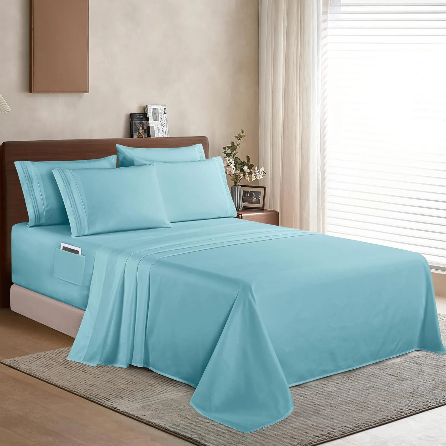 Elegant Comfort 1500 Premium Quality 6-Piece Bed Sheet Set - 18-24 Inch Extra Deep Pocket, Smart Storage Pockets, Wrinkle Free Ultra Soft 6PC Extra Deep Pocket Sheets, California King, Aqua