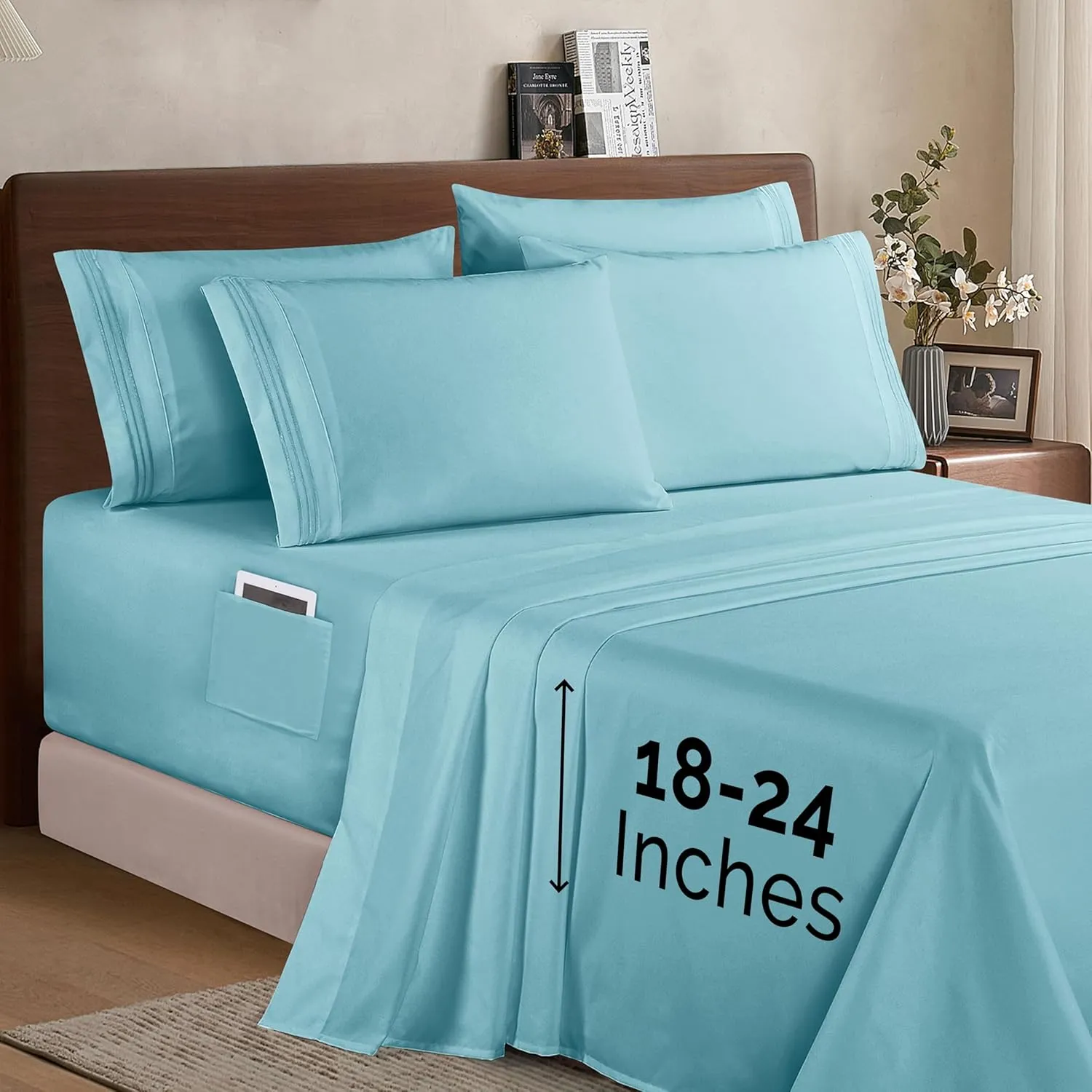 Elegant Comfort 1500 Premium Quality 6-Piece Bed Sheet Set - 18-24 Inch Extra Deep Pocket, Smart Storage Pockets, Wrinkle Free Ultra Soft 6PC Extra Deep Pocket Sheets, California King, Aqua