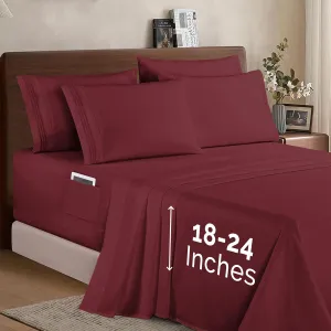 Elegant Comfort 1500 Premium Quality 6-Piece Bed Sheet Set - 18-24 Inch Extra Deep Pocket, Smart Storage Pockets, Wrinkle Free Ultra Soft 6PC Extra Deep Pocket Sheets, California King, Burgundy