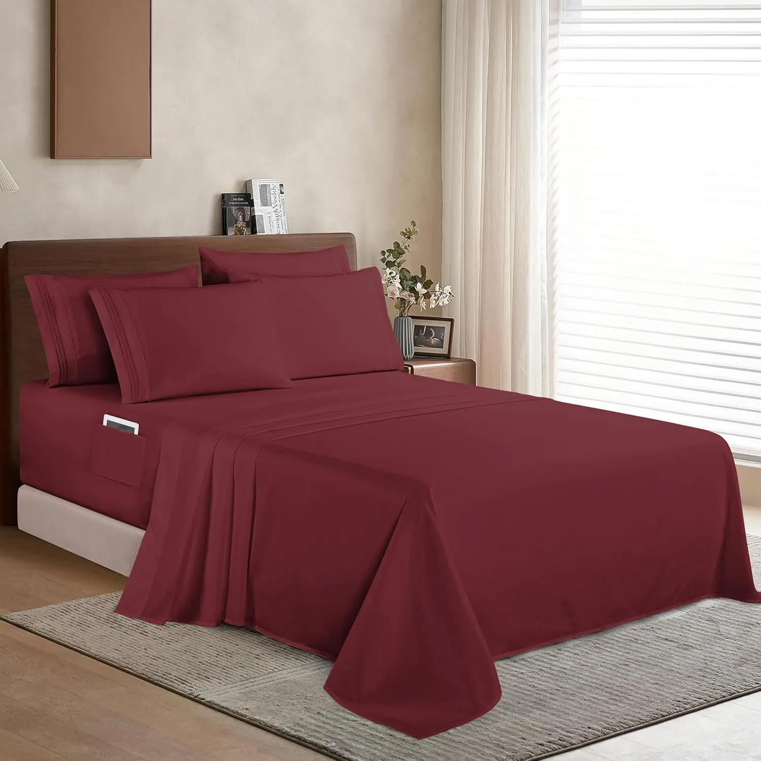 Elegant Comfort 1500 Premium Quality 6-Piece Bed Sheet Set - 18-24 Inch Extra Deep Pocket, Smart Storage Pockets, Wrinkle Free Ultra Soft 6PC Extra Deep Pocket Sheets, California King, Burgundy