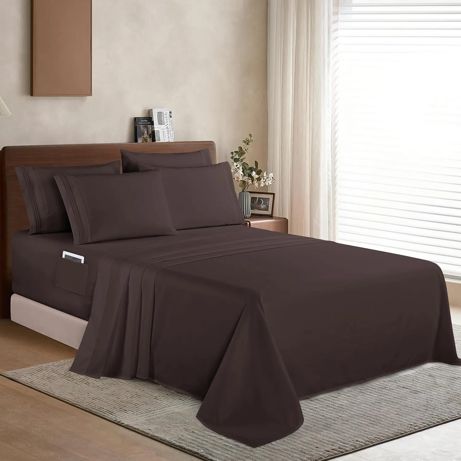 Elegant Comfort 1500 Premium Quality 6-Piece Bed Sheet Set - 18-24 Inch Extra Deep Pocket, Smart Storage Pockets, Wrinkle Free Ultra Soft 6PC Extra Deep Pocket Sheets, California King, Chocolate Brown