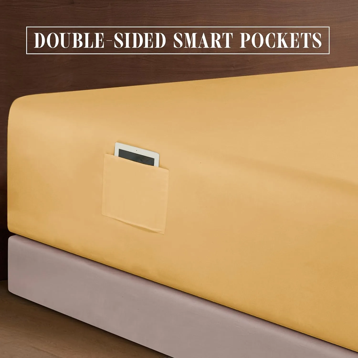 Elegant Comfort 1500 Premium Quality 6-Piece Bed Sheet Set - 18-24 Inch Extra Deep Pocket, Smart Storage Pockets, Wrinkle Free Ultra Soft 6PC Extra Deep Pocket Sheets, California King, Gold