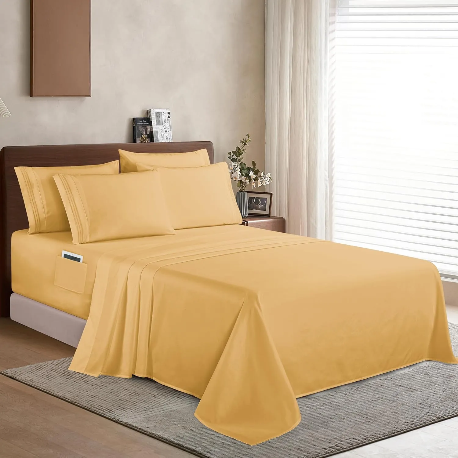 Elegant Comfort 1500 Premium Quality 6-Piece Bed Sheet Set - 18-24 Inch Extra Deep Pocket, Smart Storage Pockets, Wrinkle Free Ultra Soft 6PC Extra Deep Pocket Sheets, California King, Gold