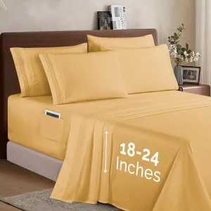Elegant Comfort 1500 Premium Quality 6-Piece Bed Sheet Set - 18-24 Inch Extra Deep Pocket, Smart Storage Pockets, Wrinkle Free Ultra Soft 6PC Extra Deep Pocket Sheets, California King, Gold
