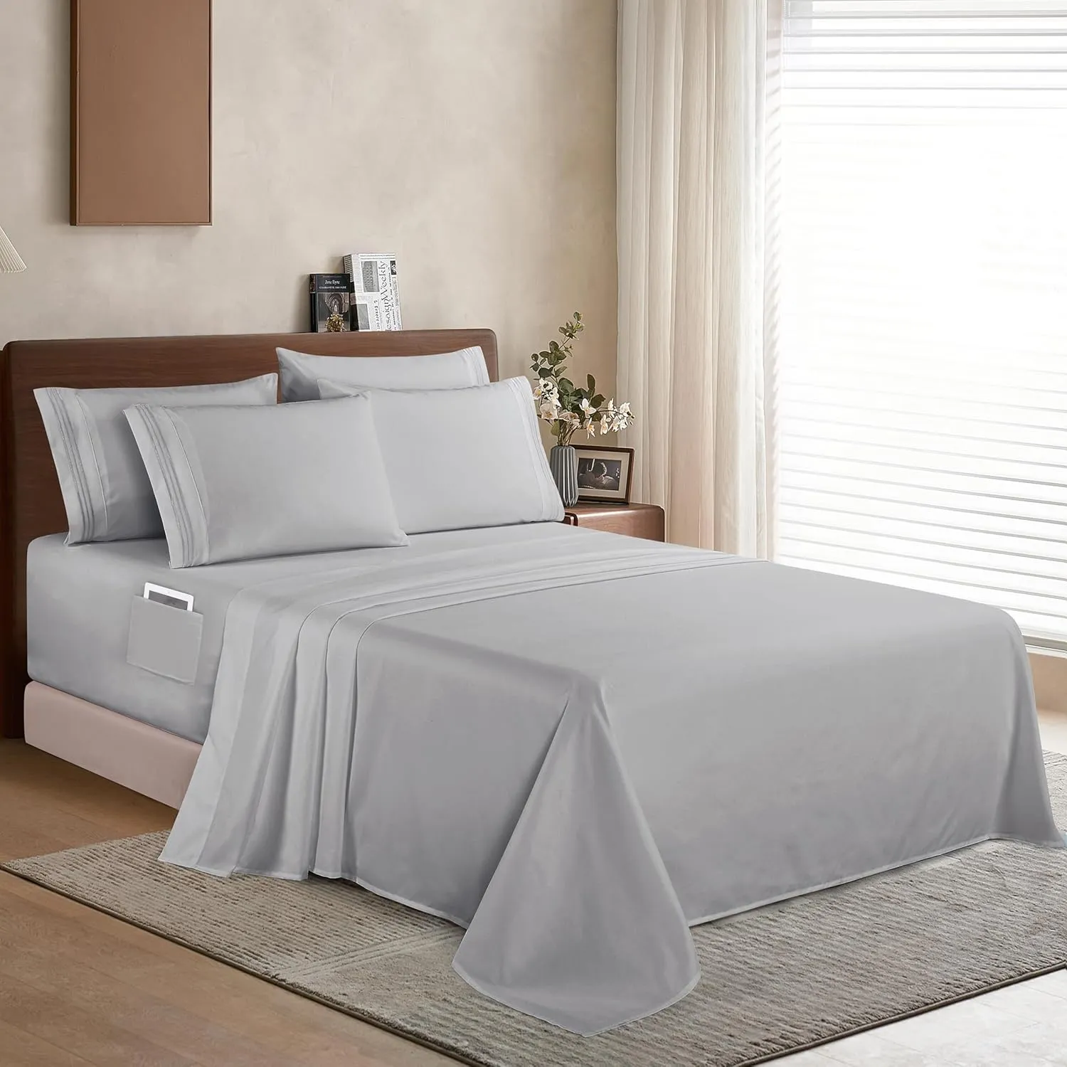 Elegant Comfort 1500 Premium Quality 6-Piece Bed Sheet Set - 18-24 Inch Extra Deep Pocket, Smart Storage Pockets, Wrinkle Free Ultra Soft 6PC Extra Deep Pocket Sheets, California King, Silver Gray