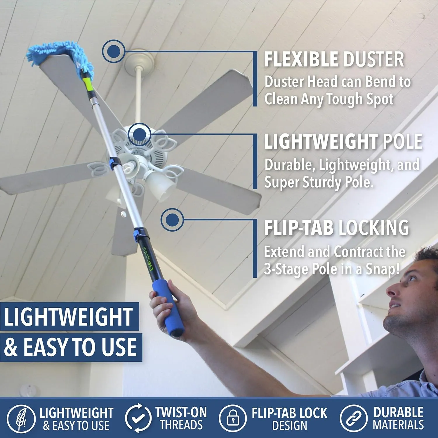 EVERSPROUT 3 Foot Flexible Microfiber Ceiling & Fan Duster | Bendable to Clean Any Fan Blade | Removable & Washable Brush Head | 3-Stage Lightweight Aluminum Extension Pole