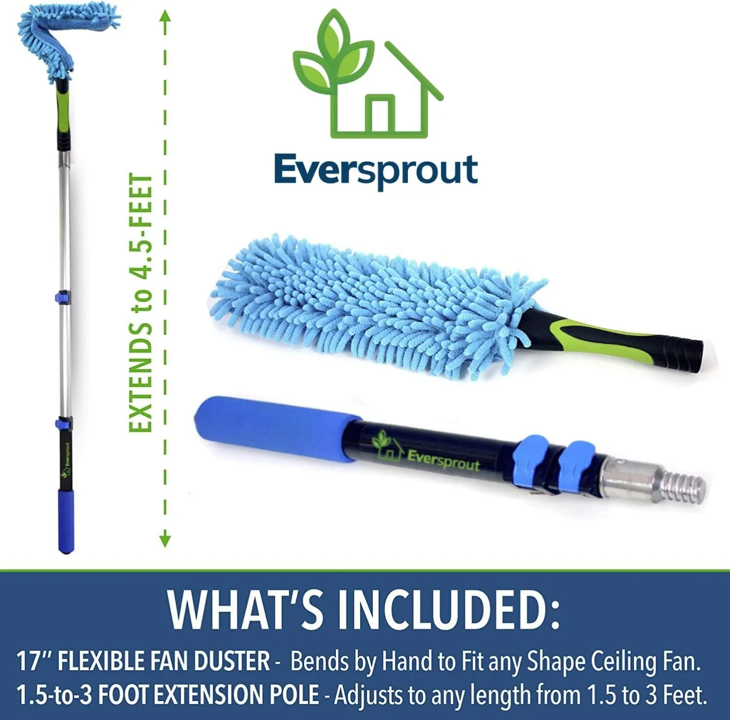 EVERSPROUT 3 Foot Flexible Microfiber Ceiling & Fan Duster | Bendable to Clean Any Fan Blade | Removable & Washable Brush Head | 3-Stage Lightweight Aluminum Extension Pole