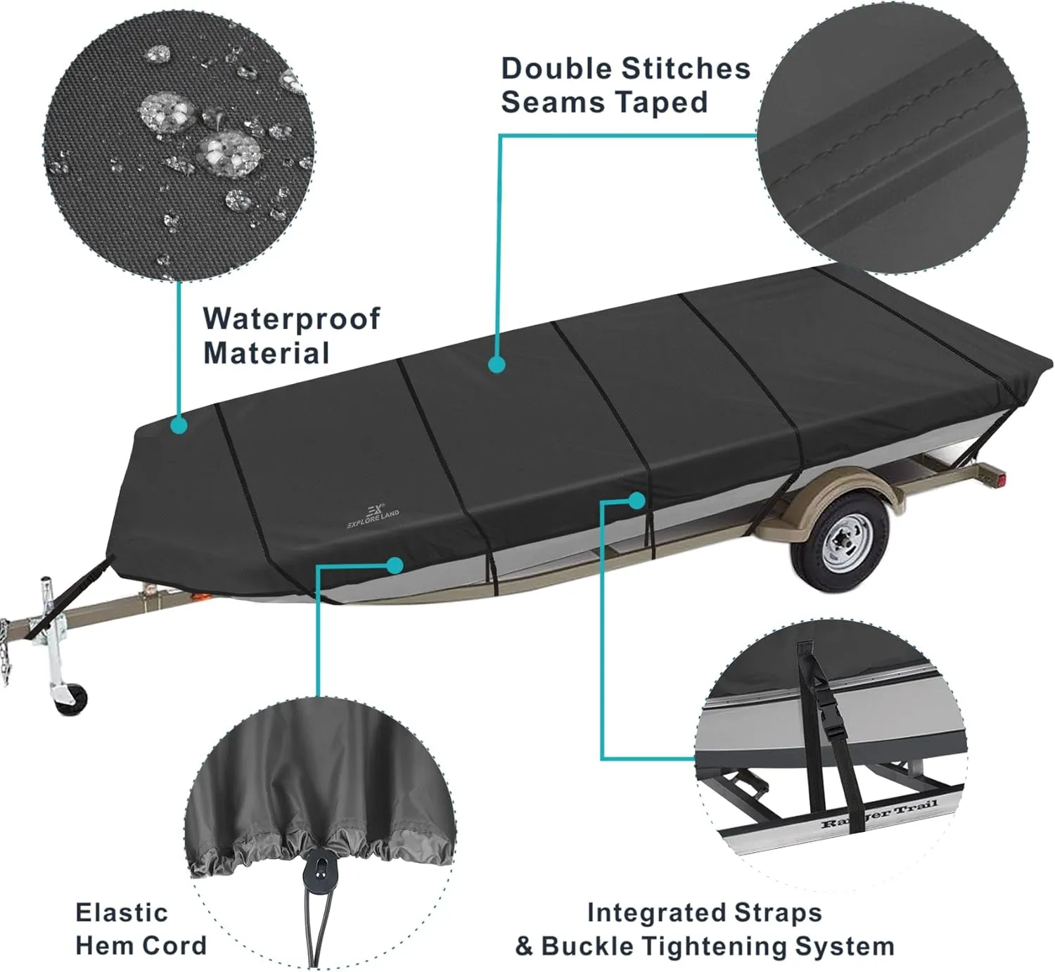 Explore Land Marine Grade 900D Trailerable Jon Boat Cover Fade Resistant and Waterproof Fabric - Fits Jon Boat 12' Long Beam Width up to 58", Black