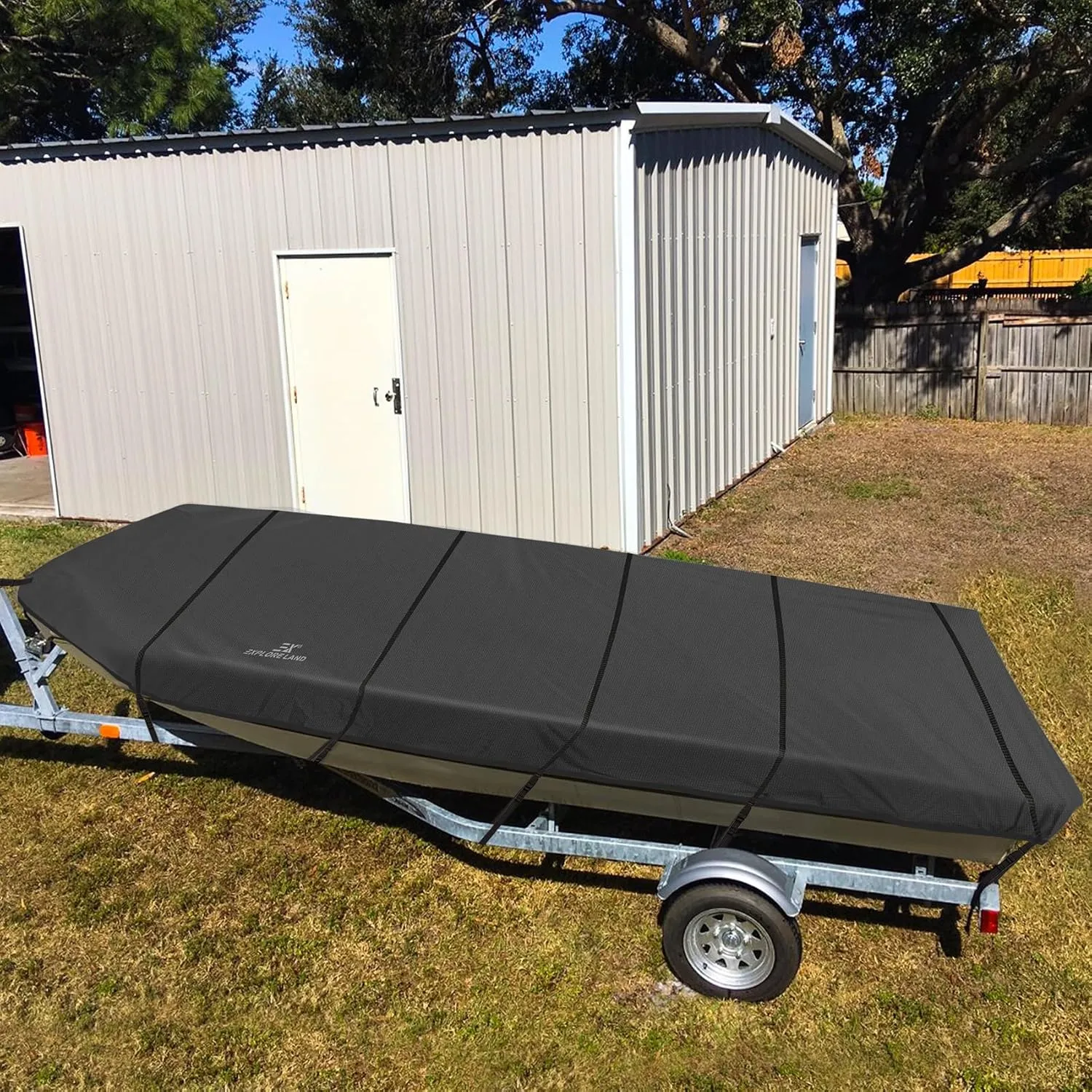 Explore Land Marine Grade 900D Trailerable Jon Boat Cover Fade Resistant and Waterproof Fabric - Fits Jon Boat 12' Long Beam Width up to 58", Black