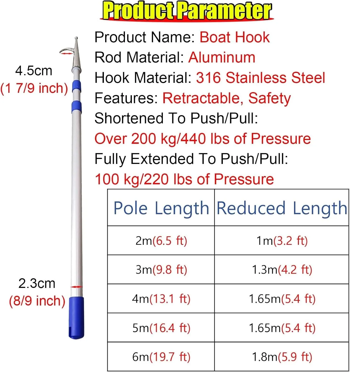Extendable Stainless Steel Boat Hook - 6, 10, 13, 16, 20 Ft Heavy Duty Cargo Handling & Docking Tool for Boating - Lifesaving Hooks (6 m / 19.7 ft)