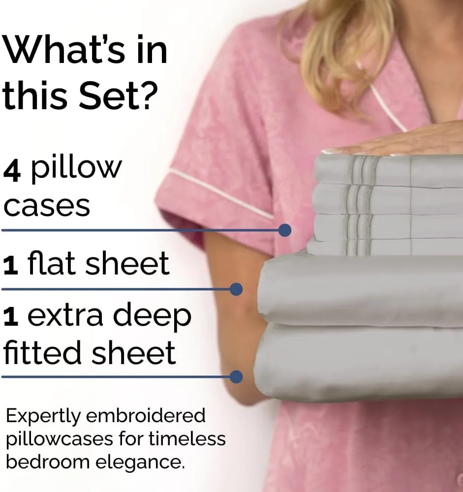 Extra Deep Cal King Sheet Set - 6 Piece Breathable & Cooling Sheets - Hotel Luxury Bedding Set w/18-24 Inch Extra Deep Pockets - Easy Fit - Super Soft, Wrinkle Free & Comfy - Light Grey, Cal King Size
