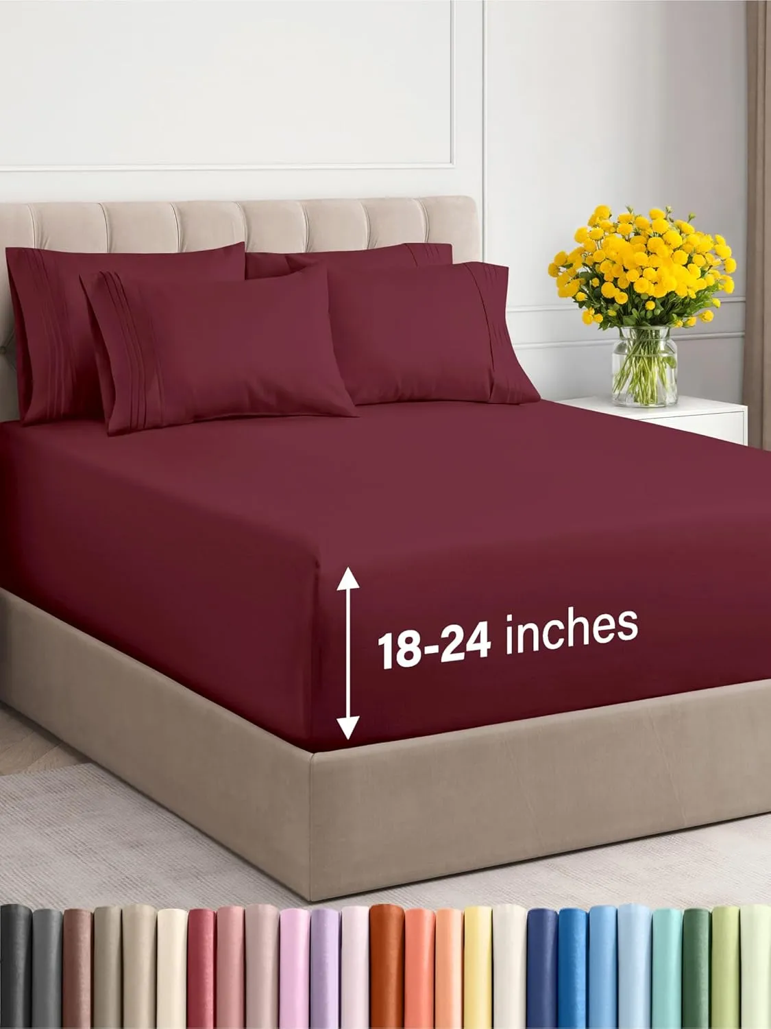 Extra Deep King Sheet Set - 6 Piece Breathable & Cooling Sheets - Hotel Luxury Bedding Set w/18-24 Inch Extra Deep Pockets - Easy & Secure Fit - Super Soft, Wrinkle Free & Comfy - Burgundy, King Size