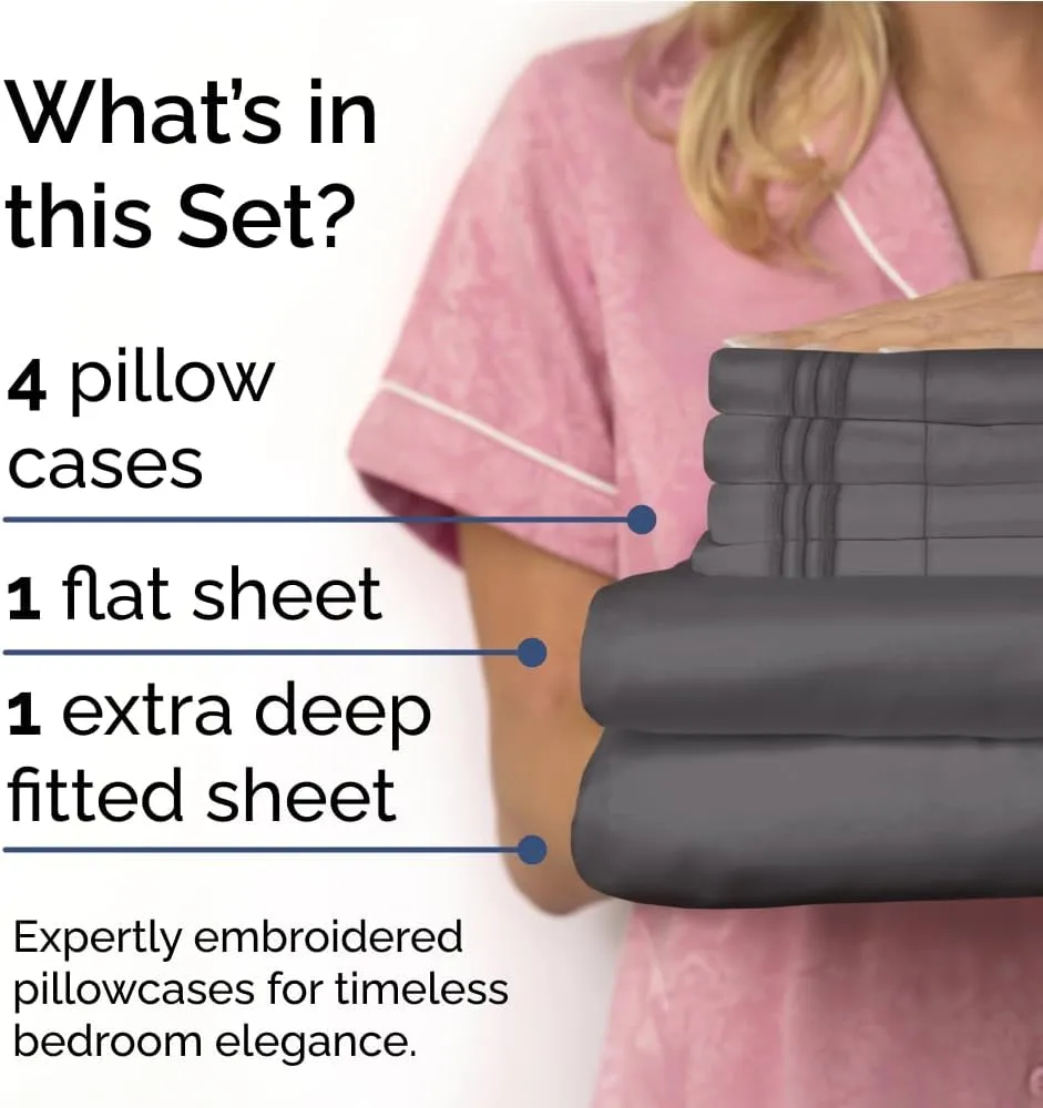 Extra Deep King Sheet Set - 6 Piece Breathable & Cooling Sheets - Hotel Luxury Bedding Set w/18-24 Inch Extra Deep Pockets - Easy & Secure Fit - Super Soft, Wrinkle Free and Comfy - Grey, King Size