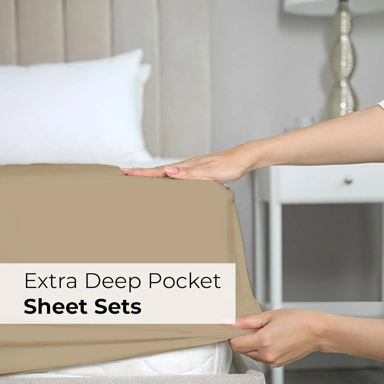 Extra Deep Pocket Queen Sheets - 4 Piece Breathable & Cooling Bed Sheets - Hotel Luxury Bed Sheet Set - Soft, Wrinkle Free & Comfy - Easily Fits Extra Deep Mattresses - Deep Pocket Beige Sheets Set