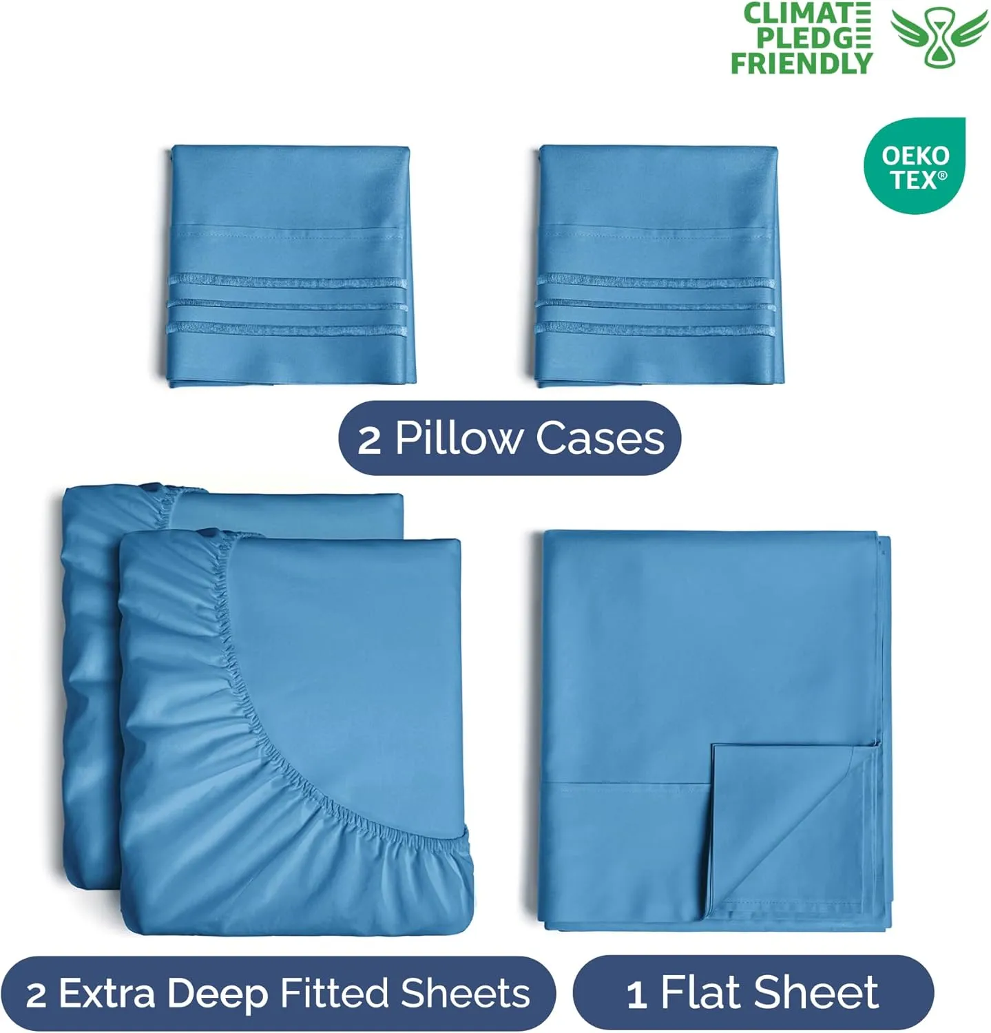 Extra Deep Pocket Split King Sheets - 5 Piece Breathable & Cooling Bed Sheets - Hotel Luxury Bed Sheet Set - Soft, Wrinkle Free & Comfy - Easily Fits Extra Deep Mattresses - Denim Blue Sheets Set