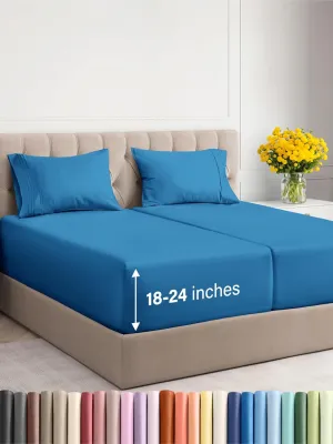 Extra Deep Pocket Split King Sheets - 5 Piece Breathable & Cooling Bed Sheets - Hotel Luxury Bed Sheet Set - Soft, Wrinkle Free & Comfy - Easily Fits Extra Deep Mattresses - Denim Blue Sheets Set